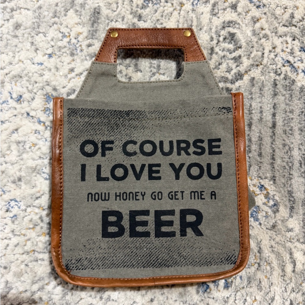 Canvas and Leather 6 Pack Beer Tote - Gray and Brown
